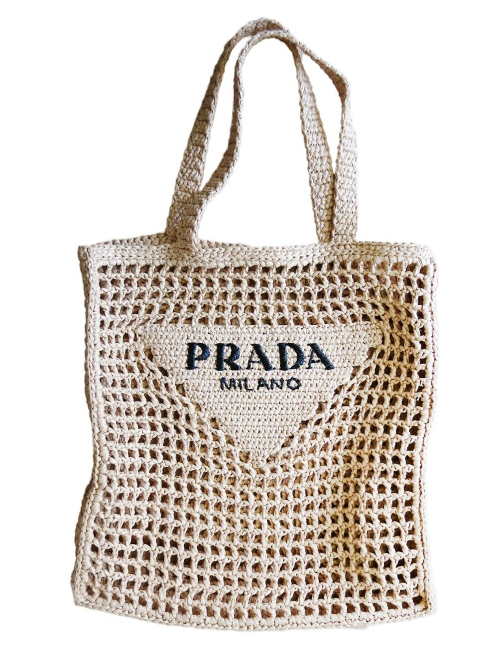 PRADA Beige Raffia Crochet Logo Embroidery Resort Top Handle Tote Bag